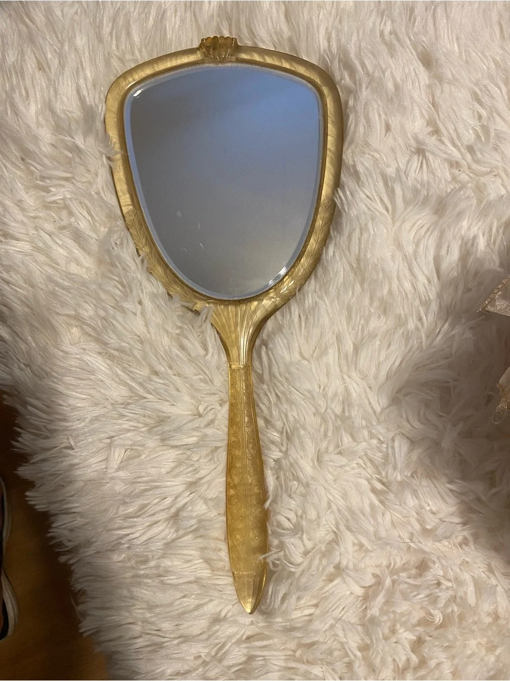 Vintage Celluloid Gold Beige Hand Mirror 13”